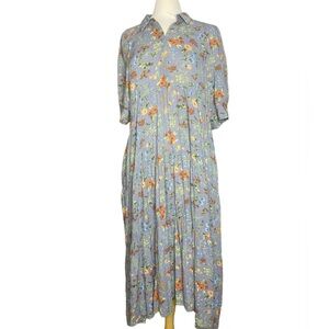 Natural Life Rebecca Floral Light Blue Midi Dress Pockets Short Sleeve XL